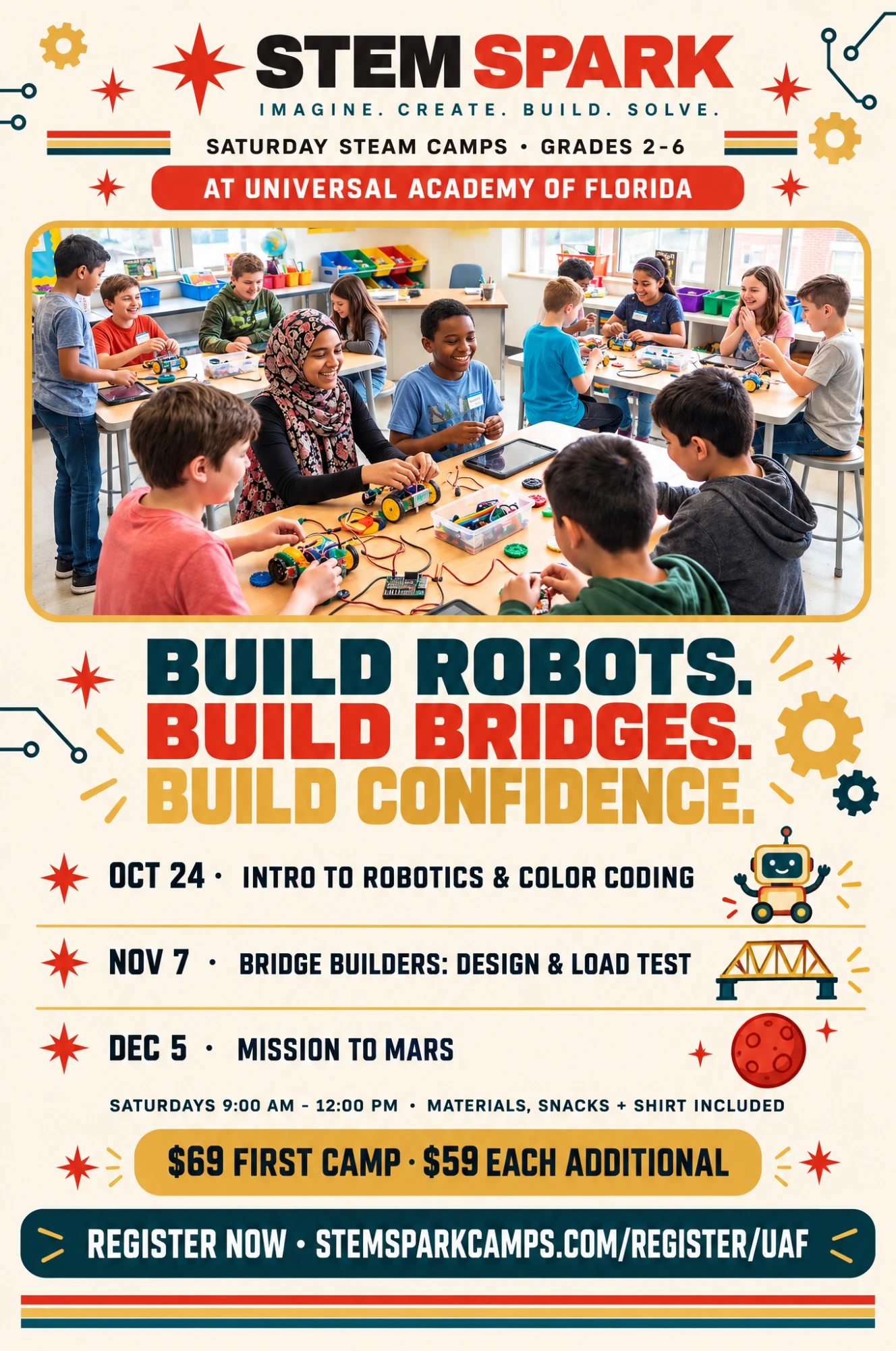 STEM SPARK Saturday camps flyer for Universal Academy of Florida